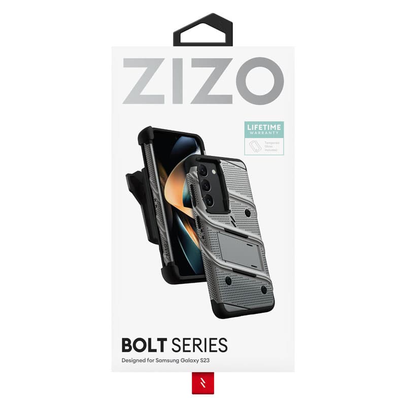ZIZO BOLT Series - Armoured case for Samsung Galaxy S23 with 9H glass for screen + holder with stand (Grey) 7