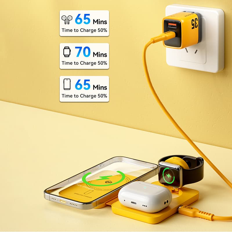 WEKOME WP-U172 - 3-in-1 Wireless Charger with MagSafe for iPhone, Apple Watch, and AirPods + Mirror (Yellow) 6