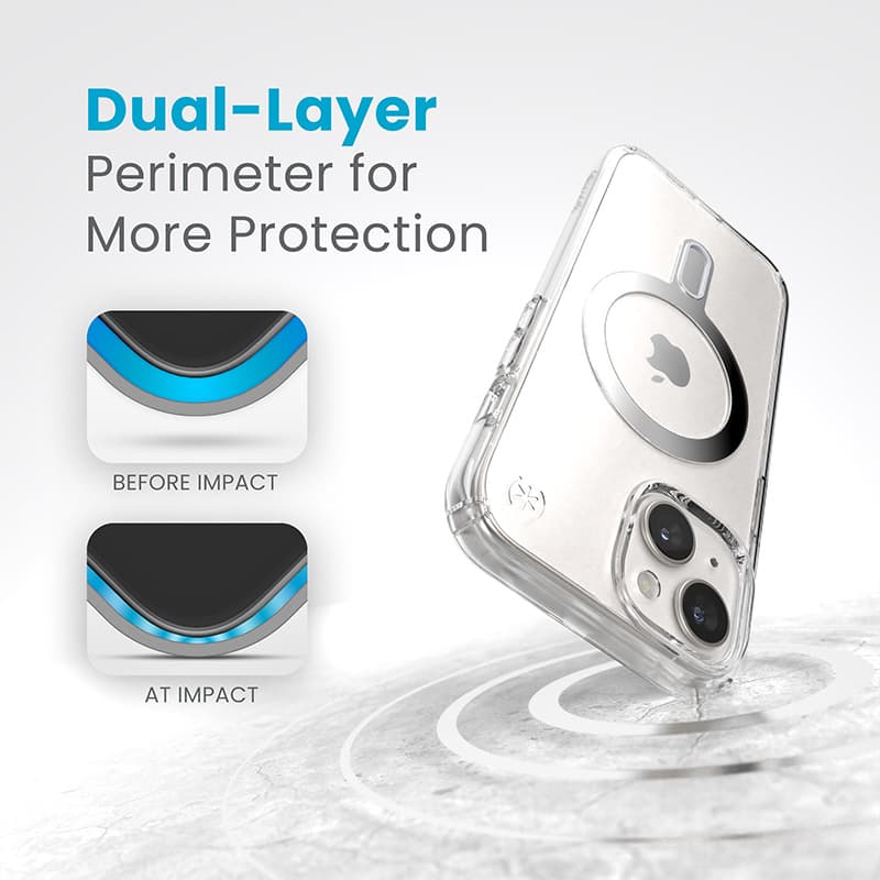 Speck Presidio Perfect-Clear ClickLock & MagSafe - iPhone 17e / 16e / 15 / 14 / 13 Case (Clear / Chrome Finish / Serene Silver) 2