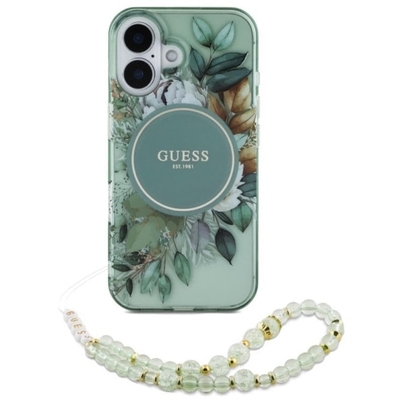 Guess IML Flowers With Pearl Strap MagSafe - Case for iPhone 16 (Green) 2