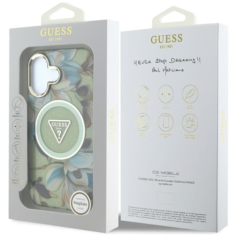 Guess Glitter Flowers Triangle Buttons MagSafe - Case for iPhone 16 (green) 8