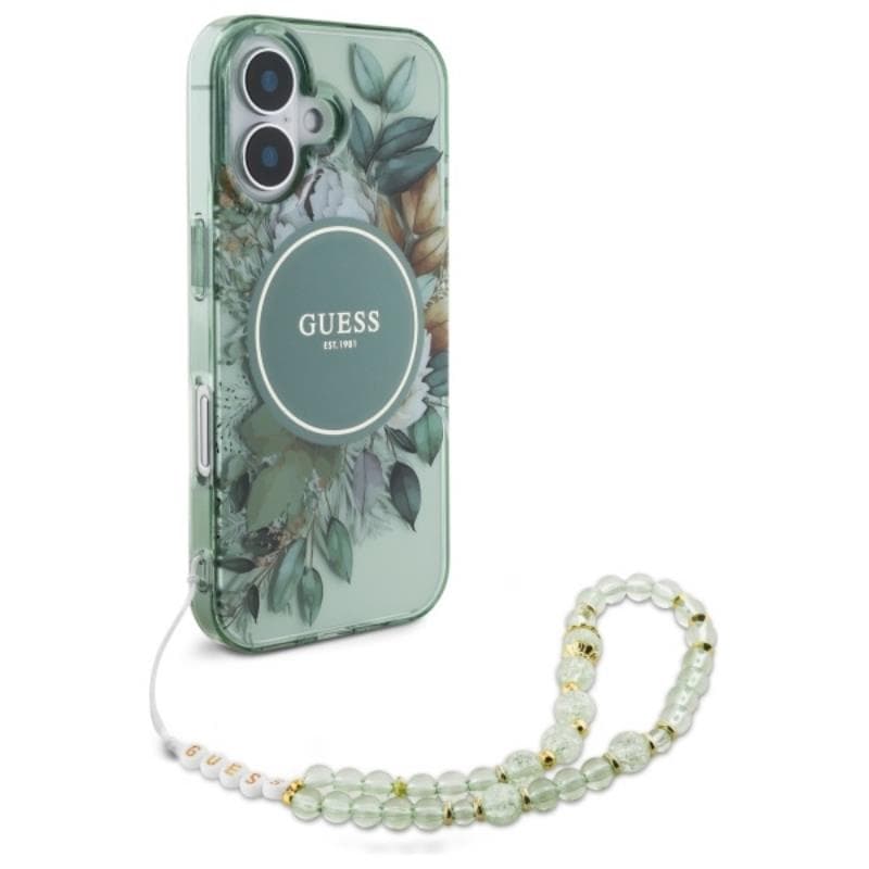 Guess IML Flowers With Pearl Strap MagSafe - Case for iPhone 16 (Green) 3
