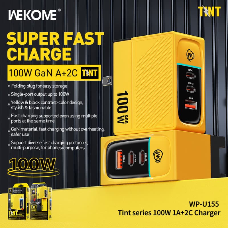 WEKOME WP-U155 Tint Series - 2x USB-C & USB-A Super Fast Charger GaN 100W (Yellow) 3