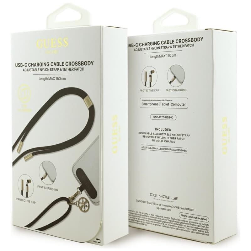 Guess Crossbody Strap 4G Charm - Universal Phone Strap / USB-C to USB-C Cable 1.5m (Black) 4