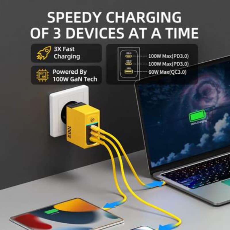 WEKOME WP-U155 Tint Series - 2x USB-C & USB-A Super Fast Charger GaN 100W (Yellow) 4