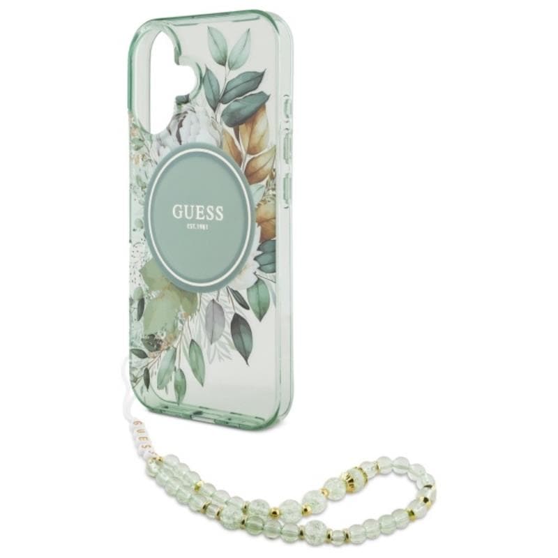 Guess IML Flowers With Pearl Strap MagSafe - Case for iPhone 16 (Green) 5