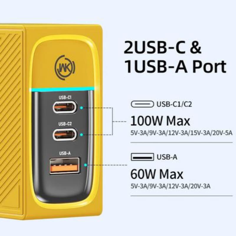 WEKOME WP-U155 Tint Series - 2x USB-C & USB-A Super Fast Charger GaN 100W (Yellow) 5
