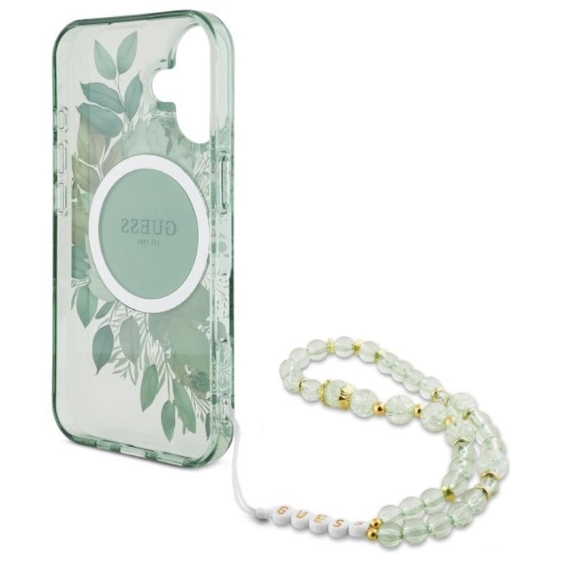 Guess IML Flowers With Pearl Strap MagSafe - Case for iPhone 16 (Green) 6