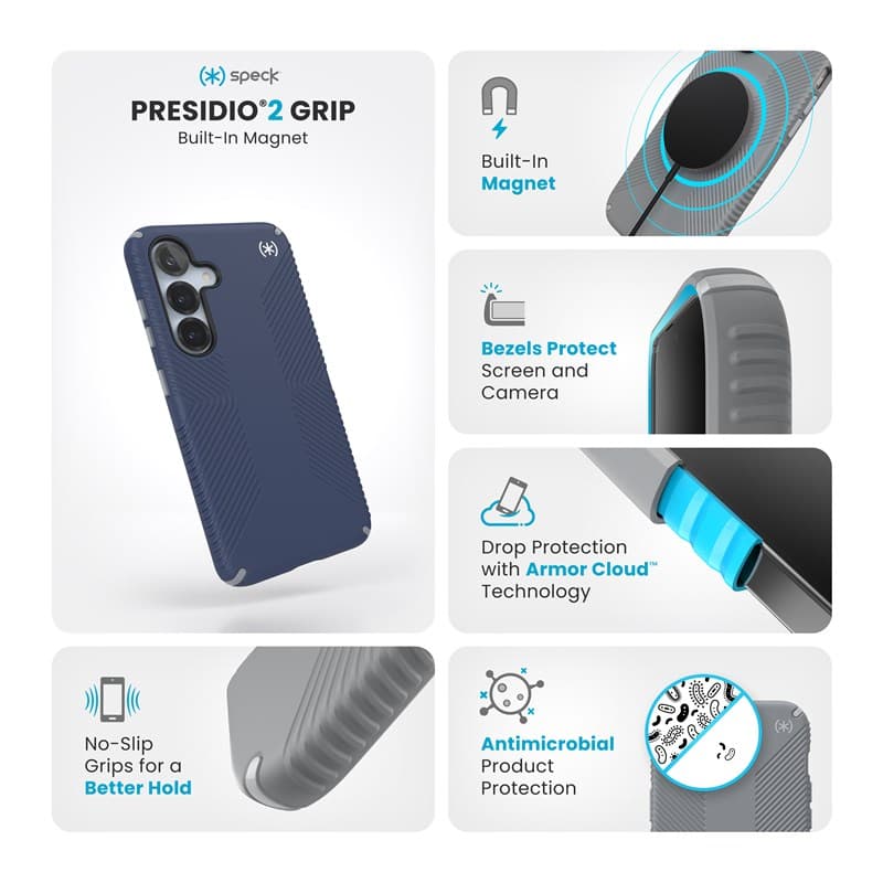 Speck Presidio2 Grip Magnet - Samsung Galaxy S25 / 24 MagSafe Case (Coastal Blue/Dust Gray/White) 7