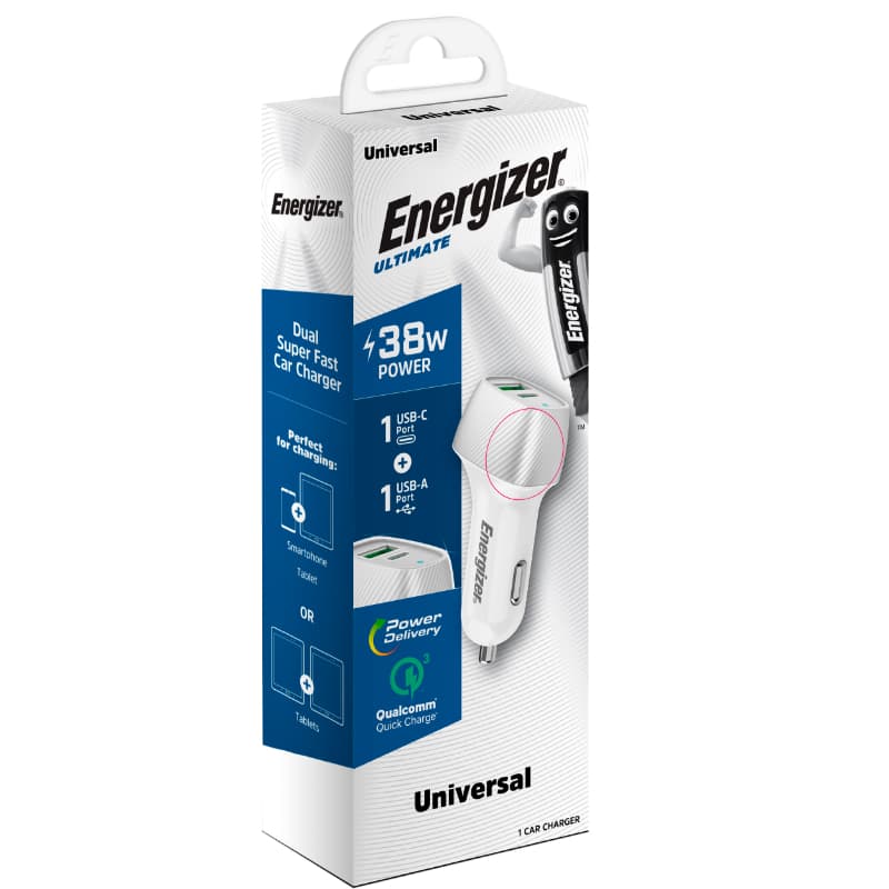 Energizer Ultimate - USB-C & USB-A 38W PD + QC3.0 car charger (White / Silver) 4