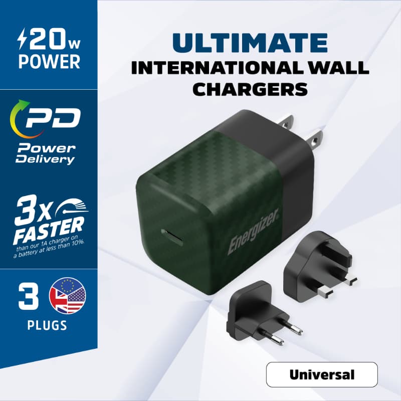 Energizer Ultimate - Multiplug EU / UK / US GaN 20W PD mains charger (Green) 3