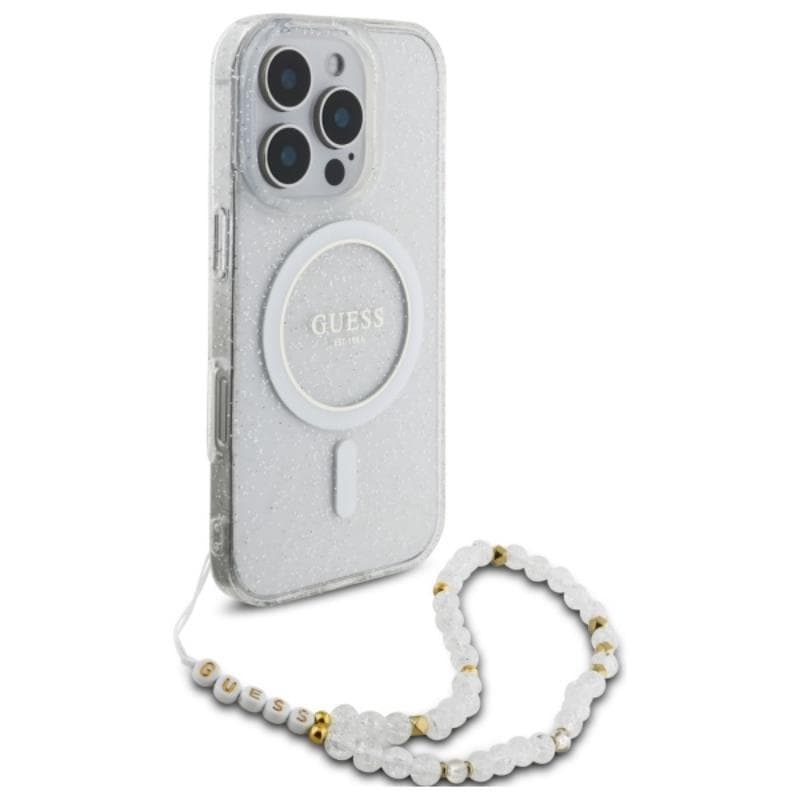 Guess IML Glitter With Pearl Strap MagSafe - Case for iPhone 16 Pro (Transparent) 3