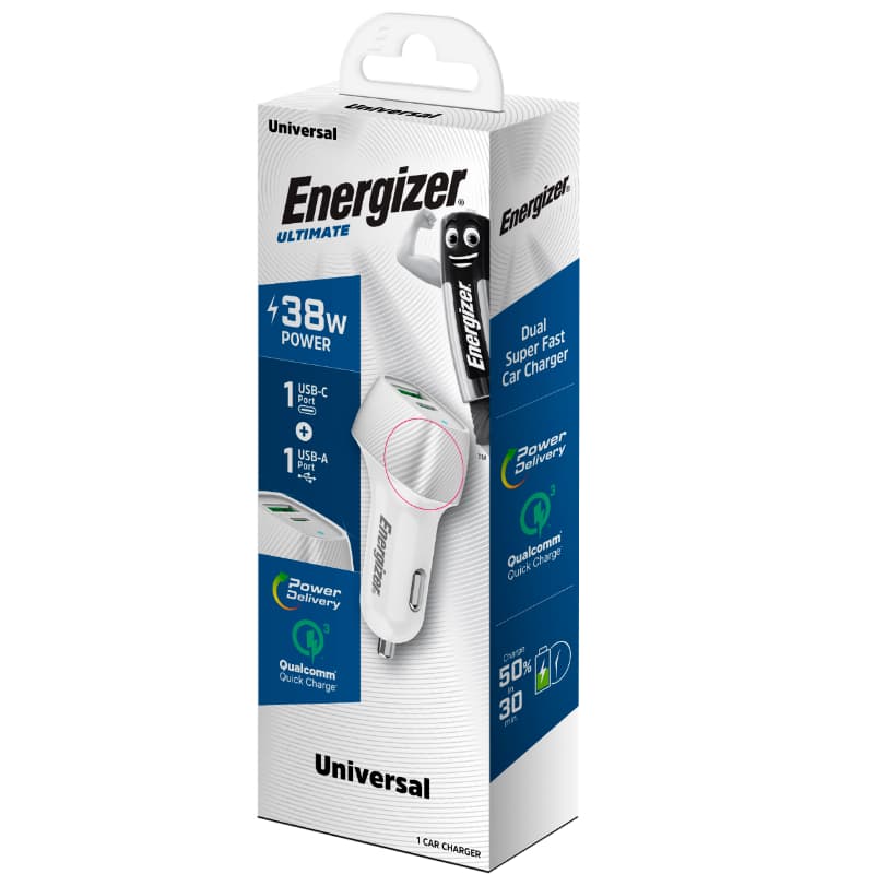 Energizer Ultimate - USB-C & USB-A 38W PD + QC3.0 car charger (White / Silver) 5
