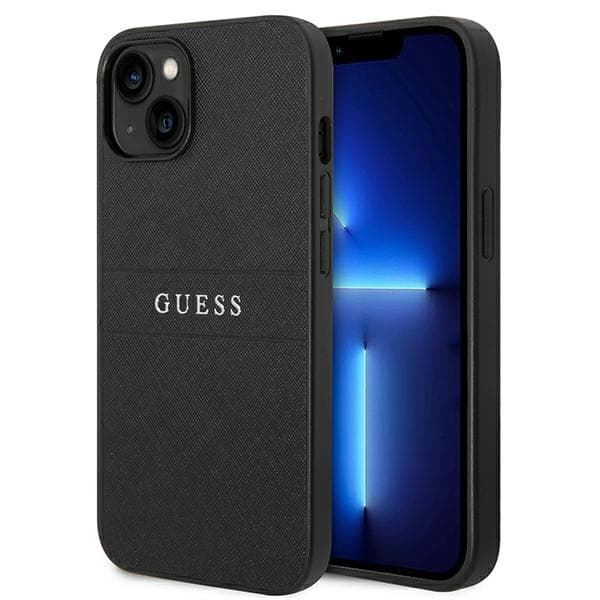 Guess Saffiano Metal Logo Stripes - Case for iPhone 14 Plus (Black)