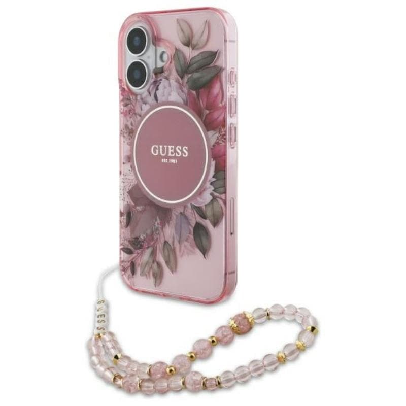 Guess IML Flowers With Pearl Strap MagSafe - Case for iPhone 16 (Pink)