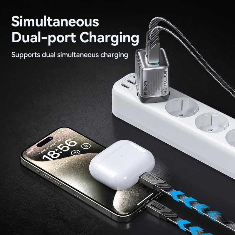 WEKOME WP-U02 Mecha Series - 2x USB-C Super Fast Charger GaN 40W mains charger (Silver) 5