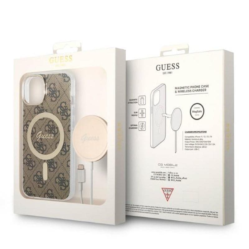 Guess Bundle Pack MagSafe 4G - Set of case for iPhone 14 Plus + MagSafe charger (Brown/Gold) 2