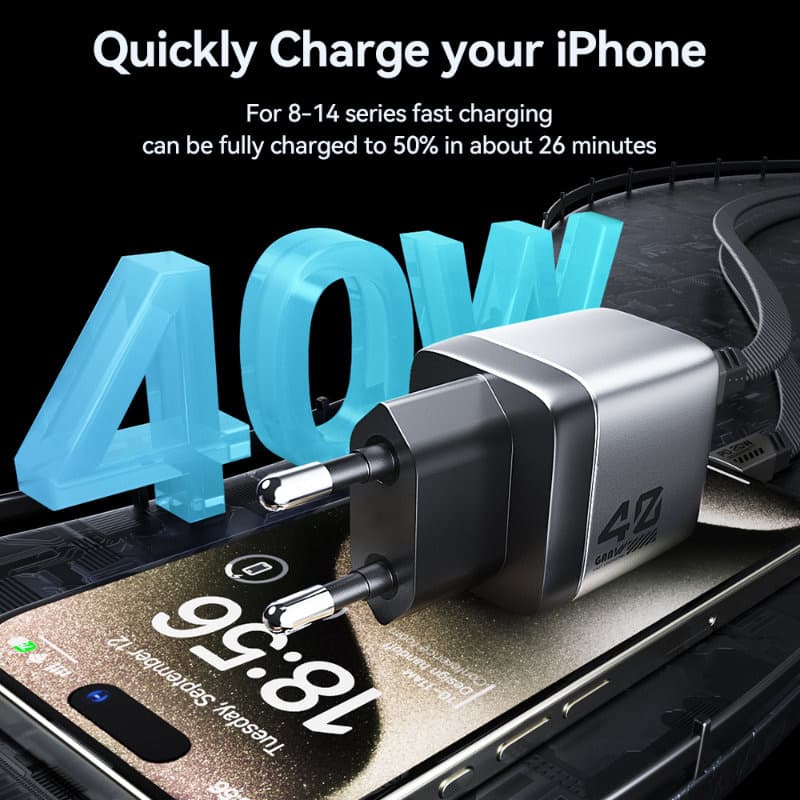 WEKOME WP-U02 Mecha Series - 2x USB-C Super Fast Charger GaN 40W mains charger (Silver) 6