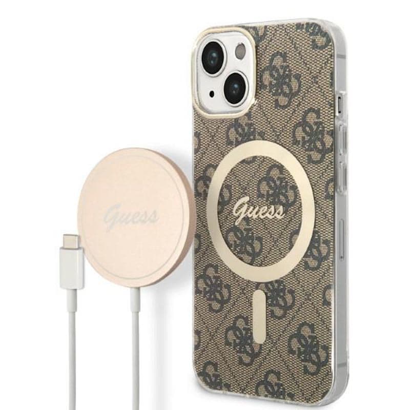 Guess Bundle Pack MagSafe 4G - Set of case for iPhone 14 Plus + MagSafe charger (Brown/Gold) 1