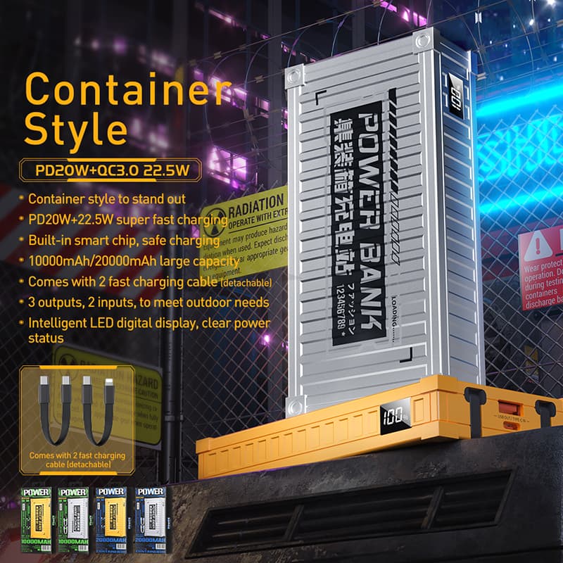 WEKOME WP-339 Container Series - Power bank 10000 mAh Super Charging with built-in USB-C & Lightning PD 20W cable + QC 22.5W (Silver) 2