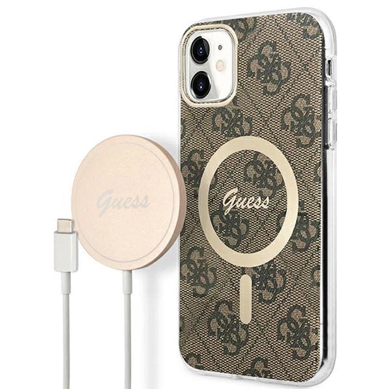 Guess Bundle Pack MagSafe 4G - Set of case for iPhone 11 + MagSafe charger (Brown/Gold) 1