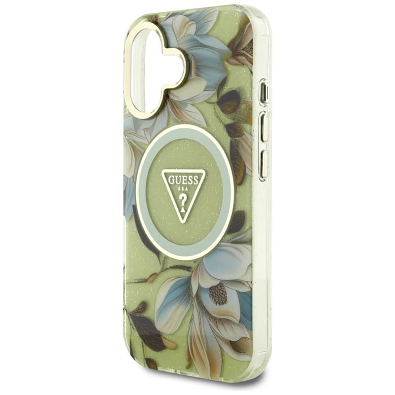 Guess Glitter Flowers Triangle Buttons MagSafe - Case for iPhone 16 (green) 6