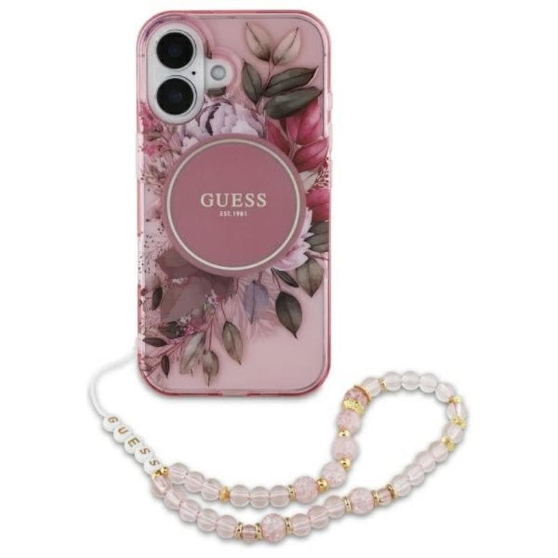 Guess IML Flowers With Pearl Strap MagSafe - Case for iPhone 16 (Pink) 2