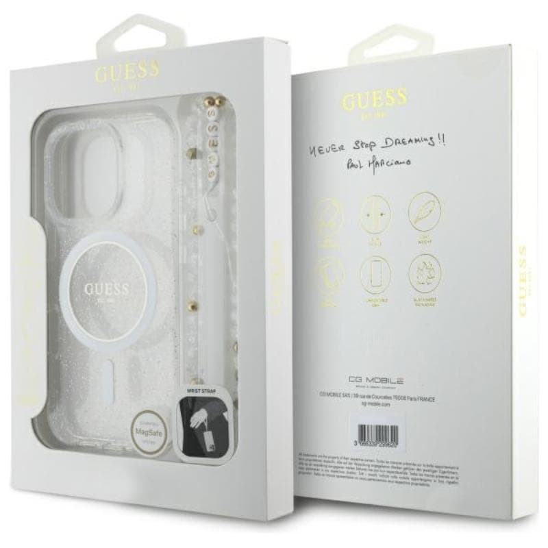 Guess IML Glitter With Pearl Strap MagSafe - Case for iPhone 16 Pro (Transparent) 7