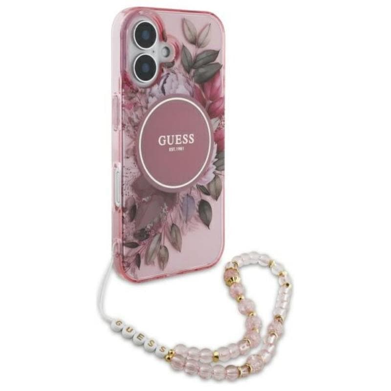 Guess IML Flowers With Pearl Strap MagSafe - Case for iPhone 16 (Pink) 3