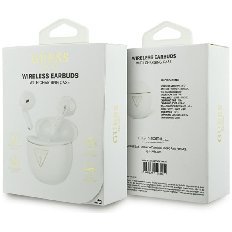 Guess Gold Line Triangle - TWS Bluetooth Earphones + Charging Case (White) 6