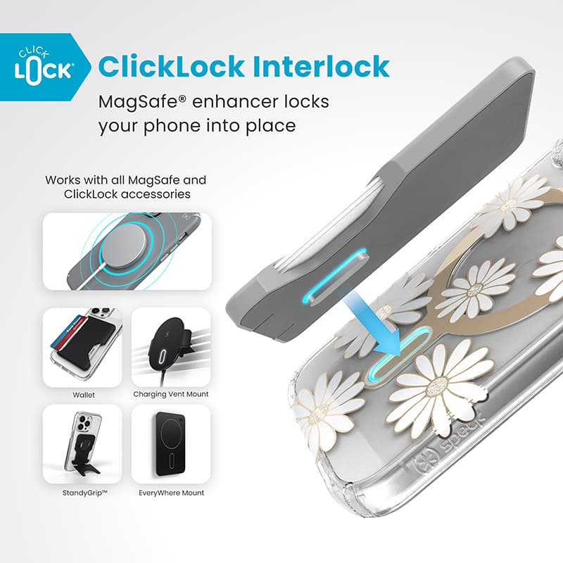 Speck Presidio Lux ClickLock & MagSafe - iPhone 16 Case (Sunshine Daisies / Clear / Gold) 2