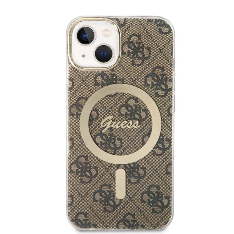 Guess Bundle Pack MagSafe 4G - Set of case for iPhone 14 Plus + MagSafe charger (Brown/Gold) 4