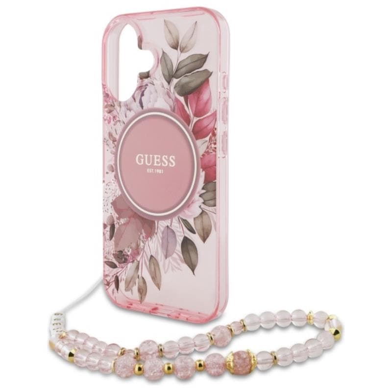 Guess IML Flowers With Pearl Strap MagSafe - Case for iPhone 16 (Pink) 5