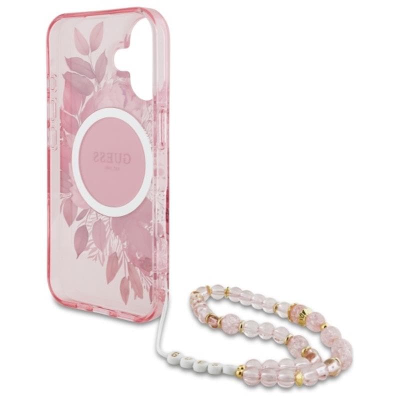 Guess IML Flowers With Pearl Strap MagSafe - Case for iPhone 16 (Pink) 6
