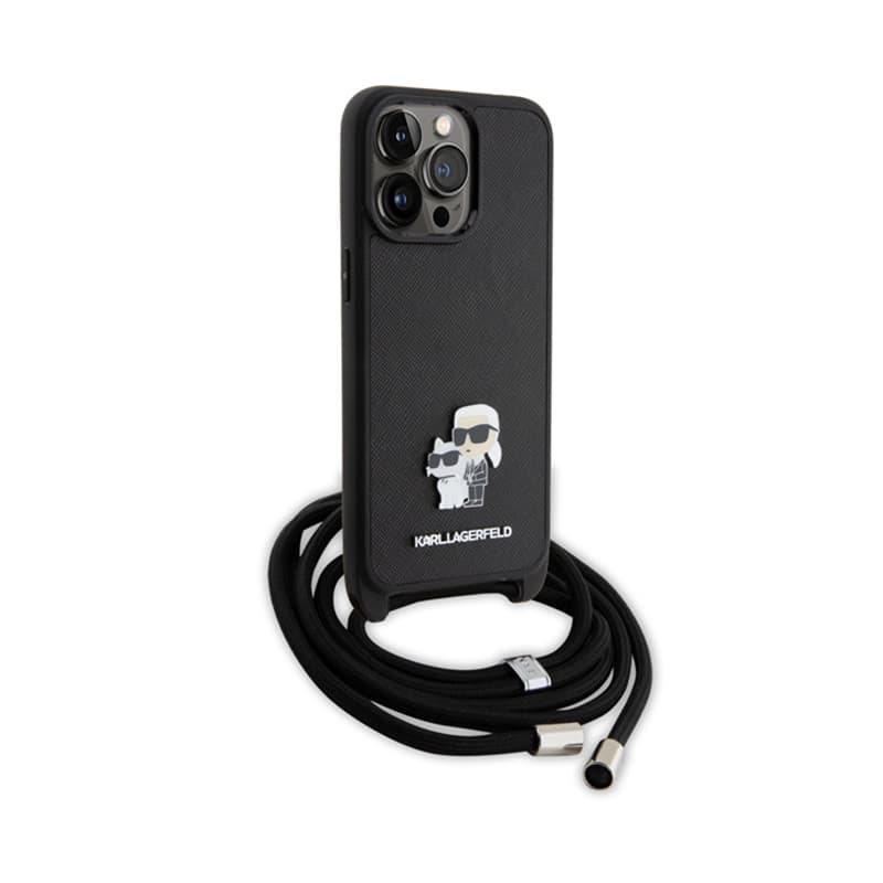 Karl Lagerfeld Crossbody Saffiano Metal Pin Karl & Choupette - Case for iPhone 15 Pro Max (Black) 3
