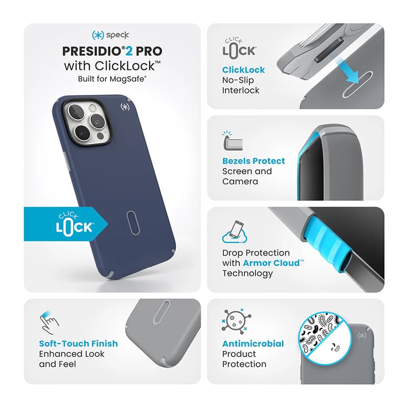 Speck Presidio2 Pro ClickLock & MagSafe - iPhone 16 Pro Max Case (Coastal Blue / Dust Gray / White) 3