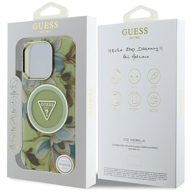 Guess Glitter Flowers Triangle Buttons MagSafe - Case for iPhone 16 Pro Max (green) 8