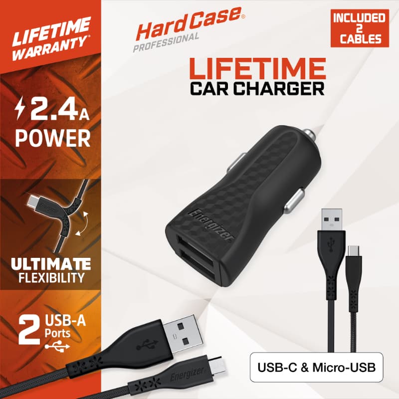 Energizer HardCase - Car charger 2x USB-A 2.4A + USB-C & Micro USB cable (Black) 2