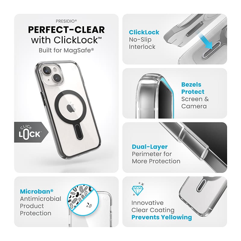 Speck Presidio Perfect-Clear ClickLock & MagSafe - iPhone 17e / 16e / 15 / 14 / 13 Case (Clear / Frosted Black / Slate Gray) 4