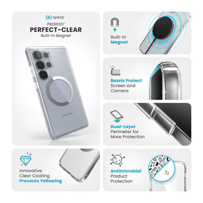 Speck Presidio Perfect-Clear Magnet - Samsung Galaxy S25 Ultra MagSafe Case (Clear / Chrome Finish / Serene Silver) 7