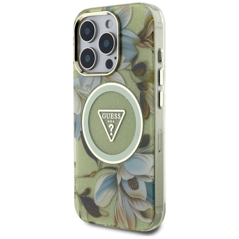 Guess Glitter Flowers Triangle Buttons MagSafe - Case for iPhone 16 Pro Max (green) 2