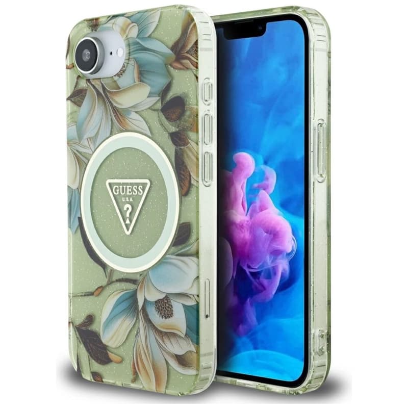 Guess IML Metal Glitter Flowers Triangle MagSafe - Case for iPhone 16e (green) 1