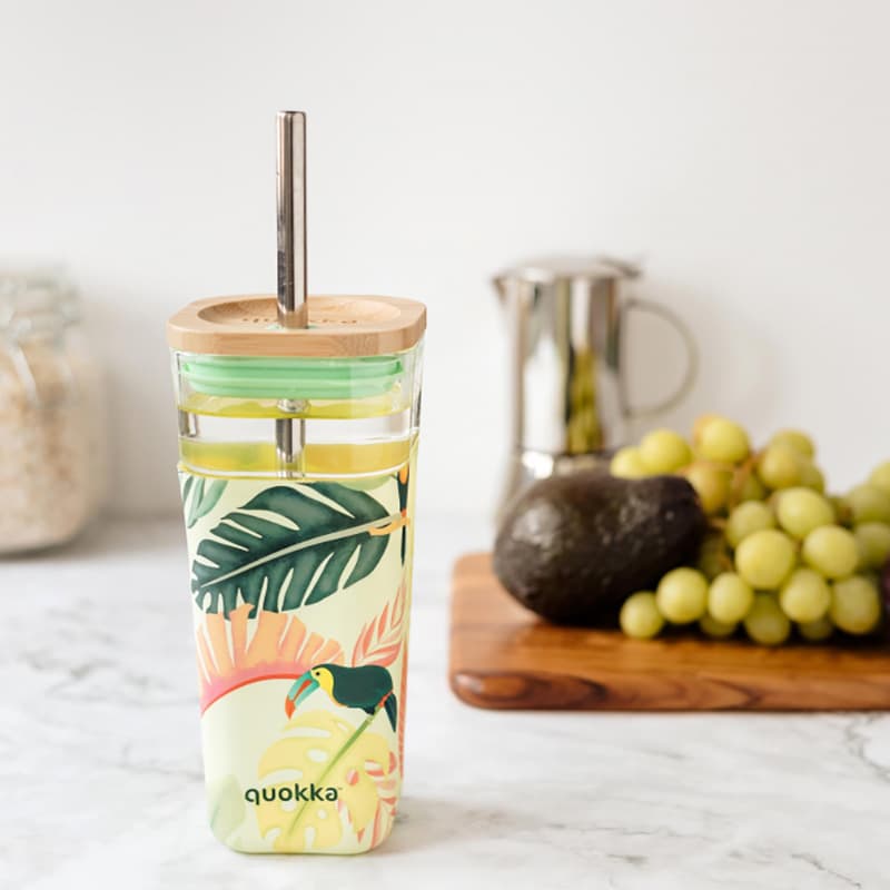 Quokka Liquid Cube - 540 ml Glass Cup with Stainless Steel Straw (Tropical Toucans) 2