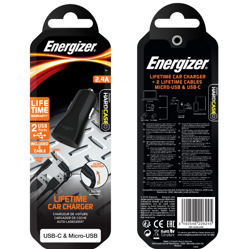 Energizer HardCase - Car charger 2x USB-A 2.4A + USB-C & Micro USB cable (Black) 3