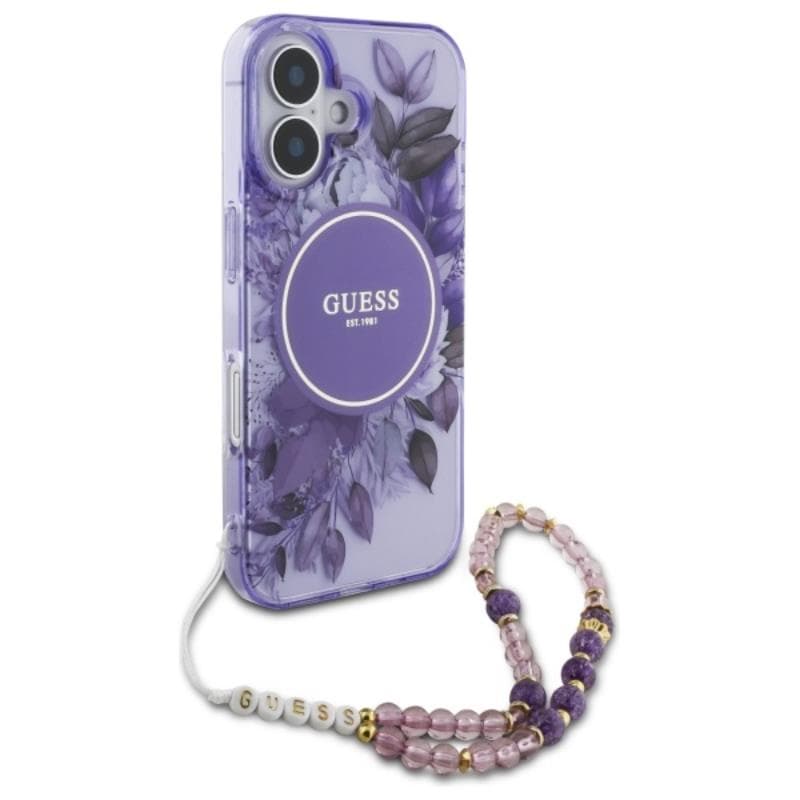 Guess IML Flowers With Pearl Strap MagSafe - Case for iPhone 16 (Purple) 3