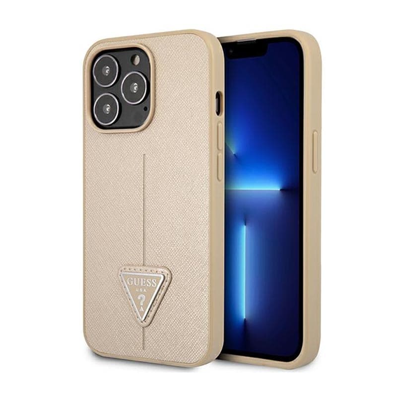 Guess Saffiano Triangle Logo Case - Case for iPhone 14 Pro (Beige) 1