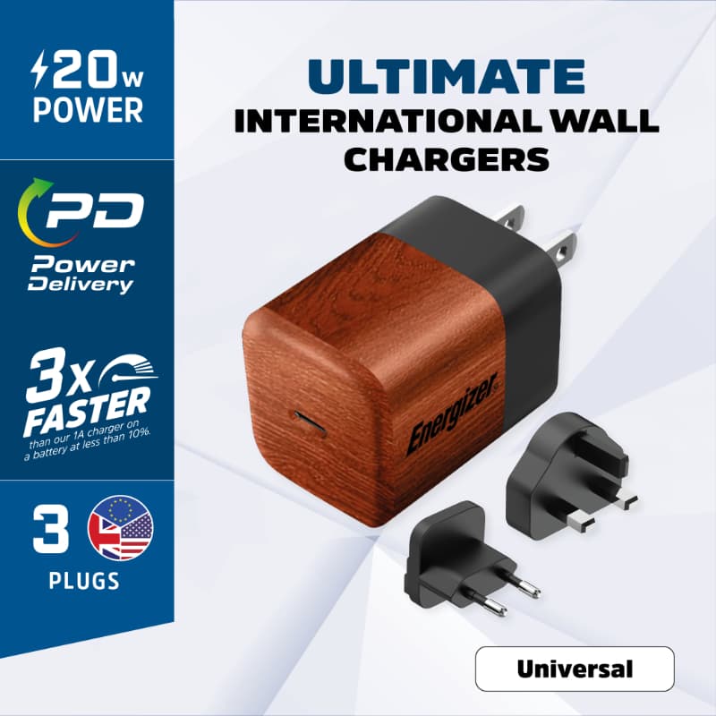 Energizer Ultimate - Multiplug EU / UK / US GaN 20W PD mains charger (Walnut burl) 3