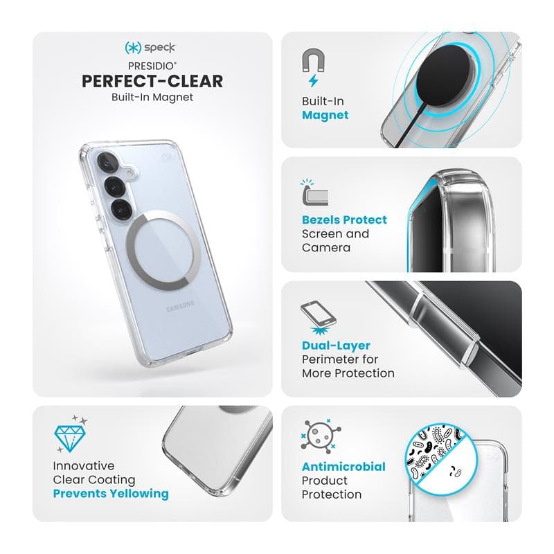 Speck Presidio Perfect-Clear Magnet - Case for Samsung Galaxy S25 / S24 MagSafe (Clear / Chrome Finish / Serene Silver) 7