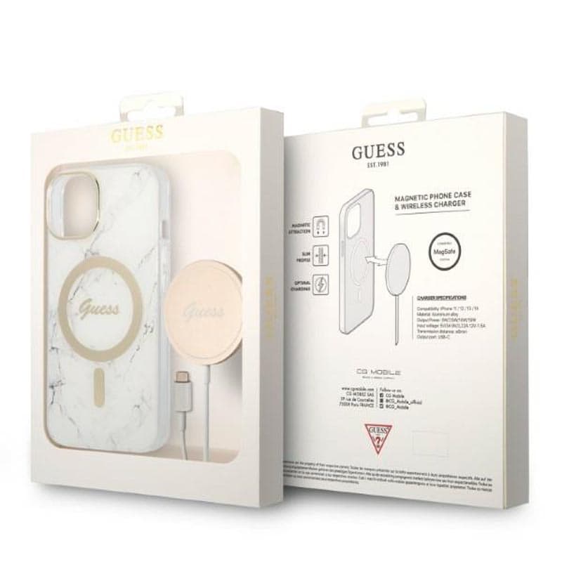 Guess Bundle Pack MagSafe IML Marble - Set of case for iPhone 14 Plus + MagSafe charger (White/Gold) 2