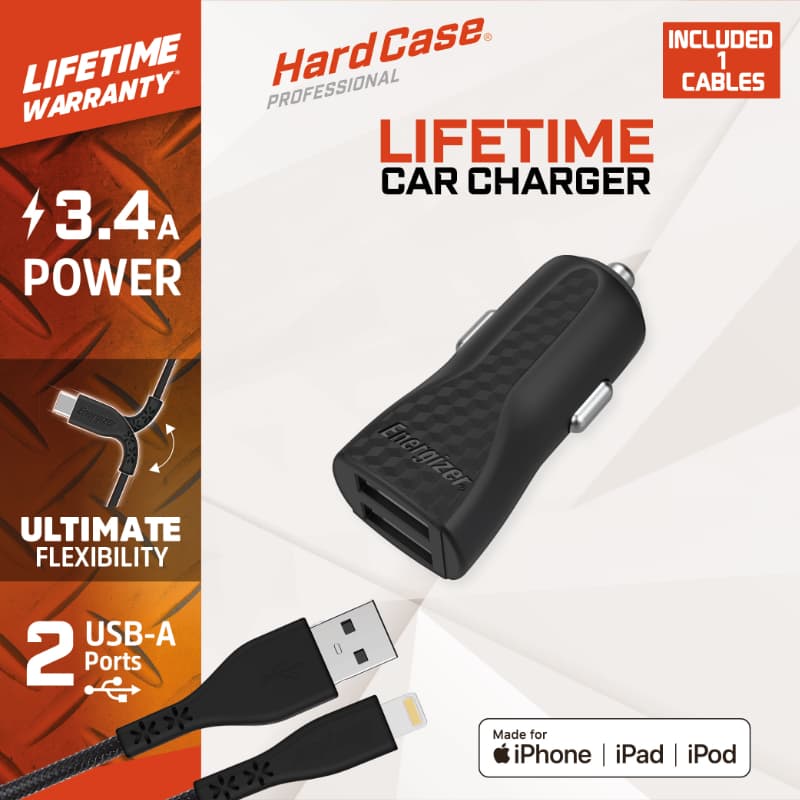 Energizer HardCase - Car charger 2x USB-A 17W 3.4A + MFi certified Lightning cable (Black) 2